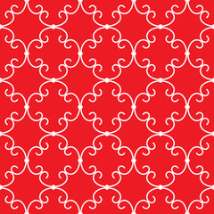 Forged seamless pattern. Elegant white curly forging on red background. Openwork metal fence design. Modern style for wallpaper, wrapping, fabric, background, apparel, other print production. Vector