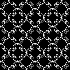 Forged seamless pattern. Volume white curly forging on black background. Openwork metal fence design. Modern style for wallpaper, wrapping, fabric, background, apparel, other print production. Vector