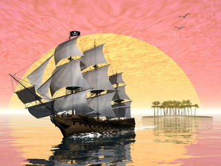 Pirate ship leaving - 3D render