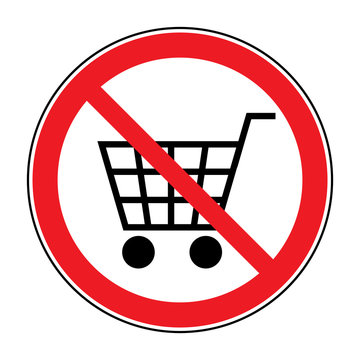 No Shopping Cart Sign. Red round No Shopping Cart icon. Illustration of a forbidden signal. No trolley allowed symbol. Prohibited symbol isolated on white background. Flat design. Stock Vector