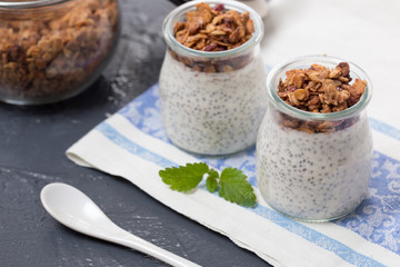chia seed pudding with granola in a glass jar