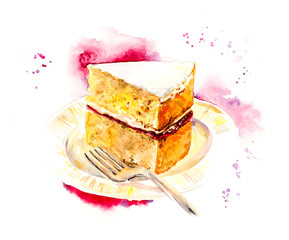 Piece of biscuit cake. Watercolor hand drawn illustration.
