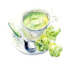 Vegetarian menu. Cream soup from broccoli. Food composition. Watercolor hand drawn illustration