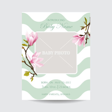 Baby Arrival Card with Photo Frame - Blossom Magnolia Flowers Theme