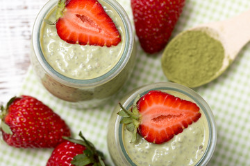 Matcha green tea chia seed pudding, dessert with fresh mint and