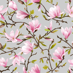 Naklejka premium Seamless Floral Pattern. Magnolia Flowers and Leaves Background.