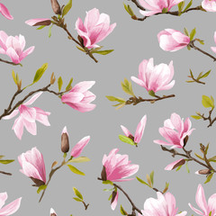 Fototapeta na wymiar Seamless Floral Pattern. Magnolia Flowers and Leaves Background.