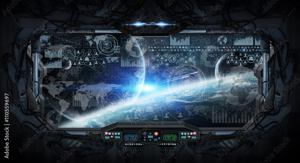Poster window view of space and planets from a space station