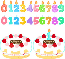 数字型のロウソクとバースデーケーキのイラストセット