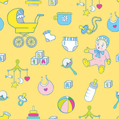 Baby clothes and toys hand drawn seamless pattern