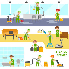 Cleaning service infographic elements. Cleaning office, home and bathroom. Cleaners vector flat illustration.