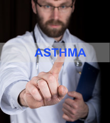 technology, internet and networking in medicine concept - medical doctor presses asthma button on virtual screens. Internet technologies in medicine