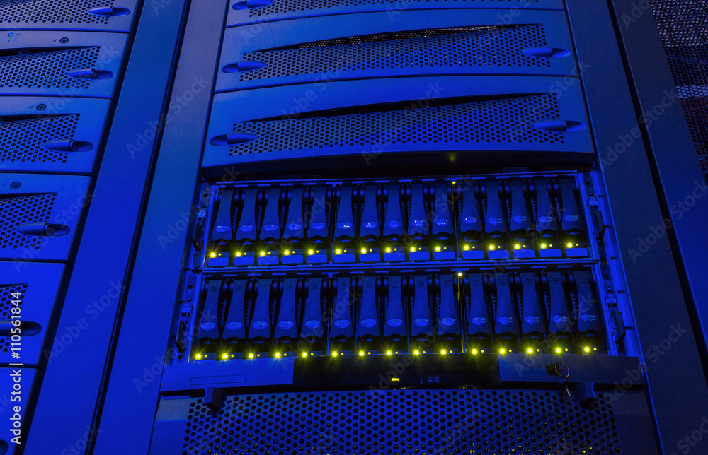 Aufkleber rack with blade behind bars mainframe in the data center