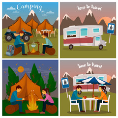 Fototapeta premium Summer Camp. Man and Woman sitting by Fireplace. Time to Travel