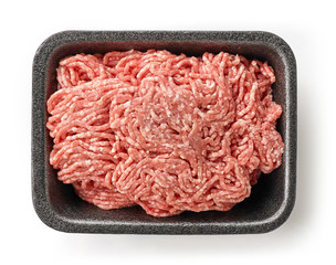 fresh raw ground pork in black plastic try