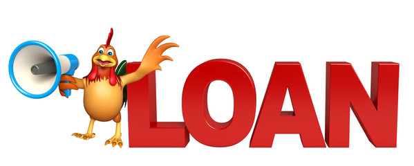 cute Chicken cartoon character  with loudspeaker and loan sign