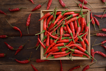 Red Hot Chili Peppers in wooden box on old wooden background, 