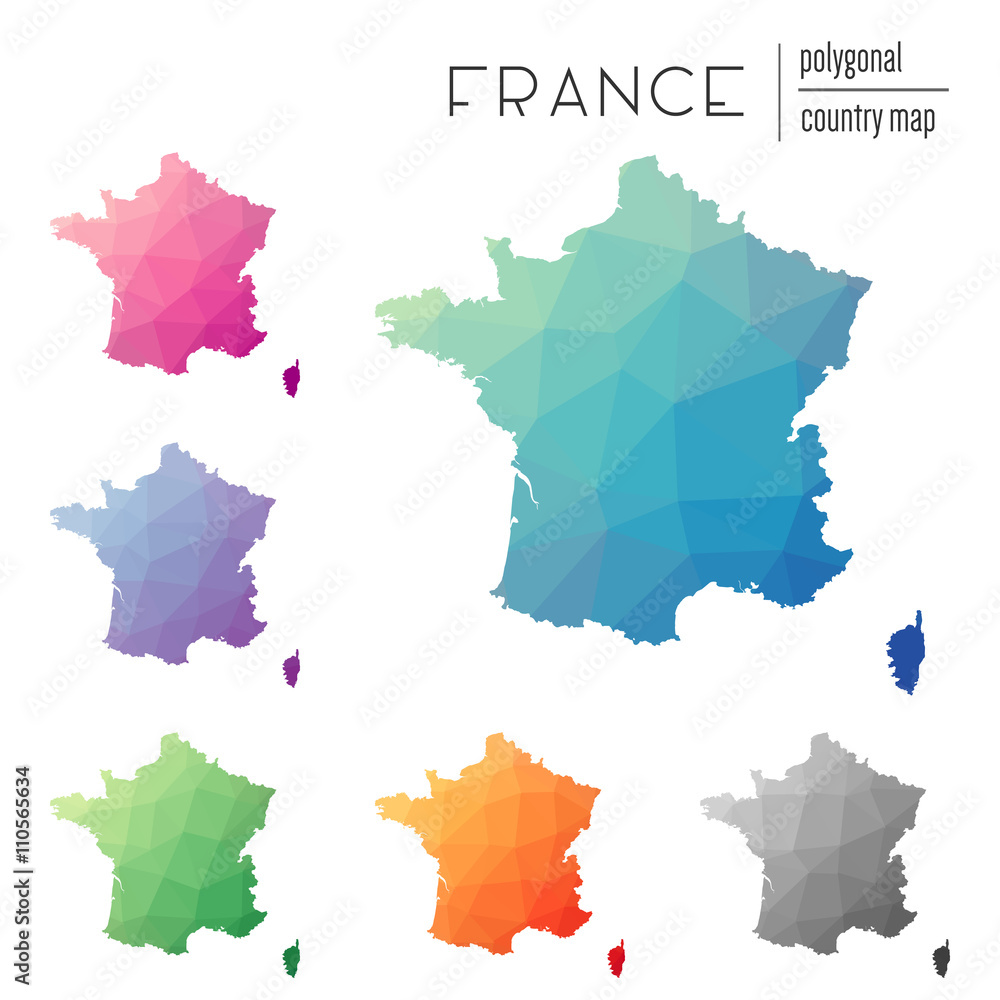 Wall mural Set of vector polygonal France maps. Bright gradient map of country in low poly style. Multicolored France map in geometric style for your infographics.