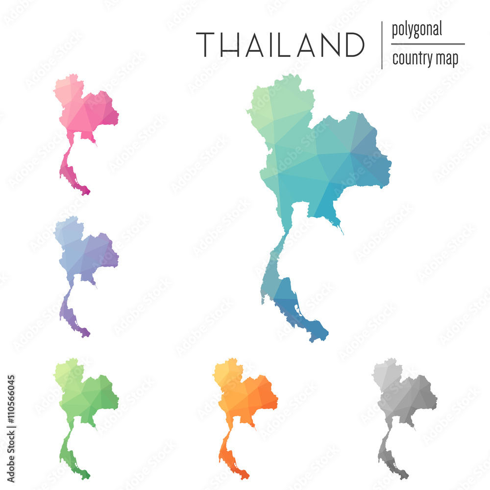 Poster set of vector polygonal thailand maps. bright gradient map of country in low poly style. multicolore