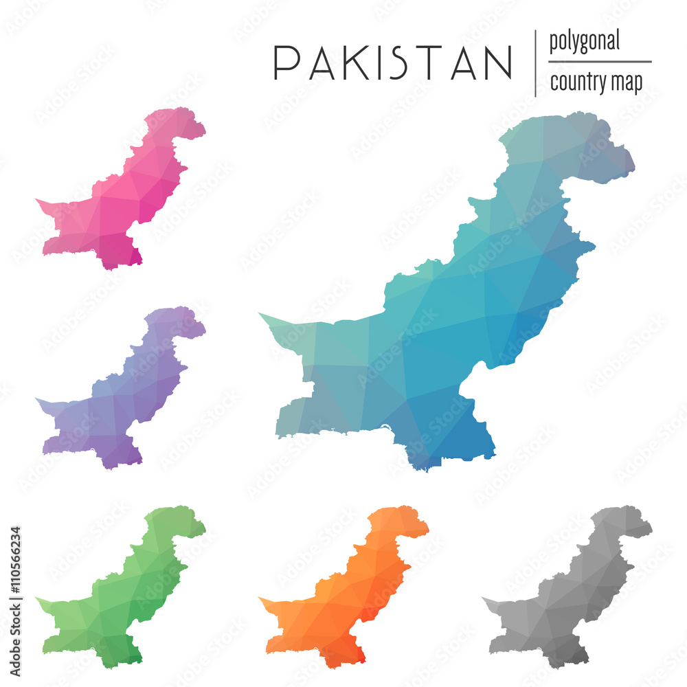 Poster set of vector polygonal pakistan maps. bright gradient map of country in low poly style. multicolore