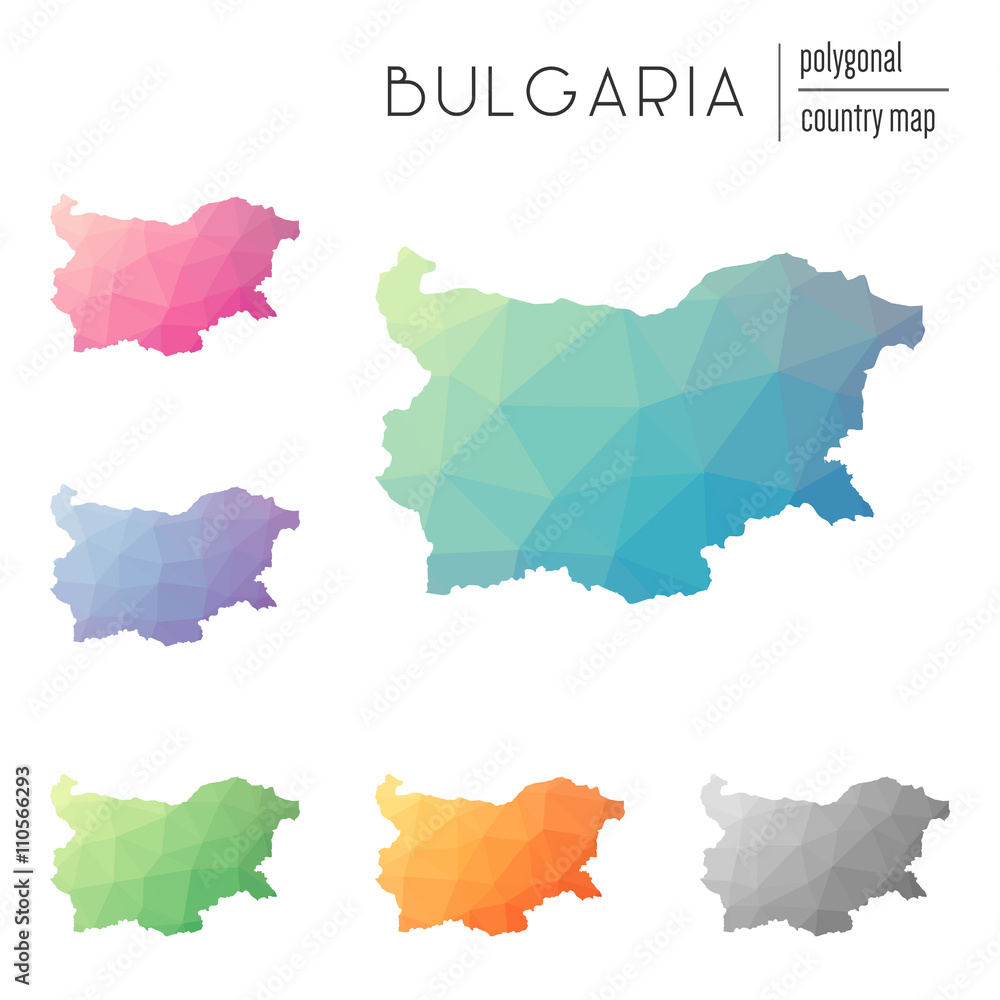 Poster set of vector polygonal bulgaria maps. bright gradient map of country in low poly style. multicolore