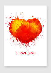I LOVE YOU postcard vector illustration, vector trendy watercolor grunge paint splash heart on white background.