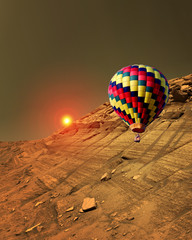 Hot air balloon around the world trip stunning aerial view landscape. Elements of this image furnished by NASA.