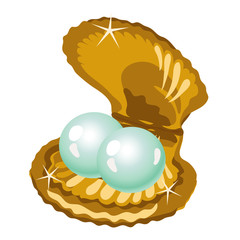 Two shiny pearls in a gold box of shells