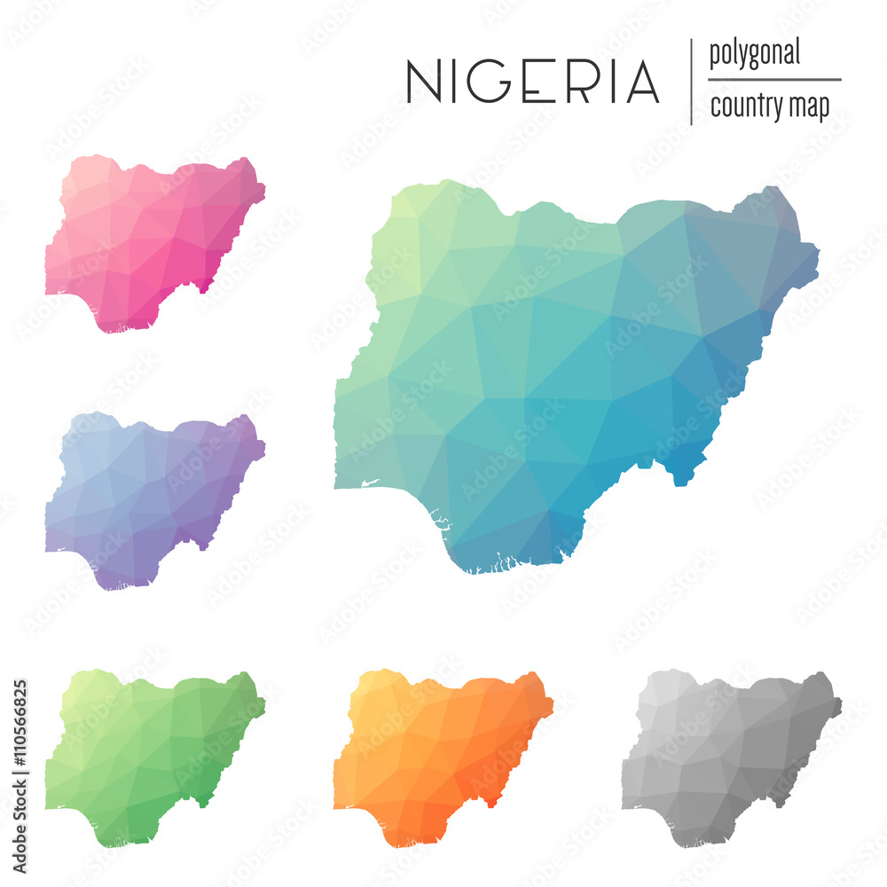 Poster set of vector polygonal nigeria maps. bright gradient map of the country in low poly style. multicol