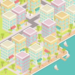Vector Illustration of Isometric City by the Beach. 