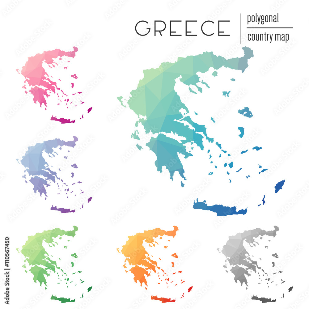 Poster set of vector polygonal greece maps. bright gradient map of country in low poly style. multicolored 