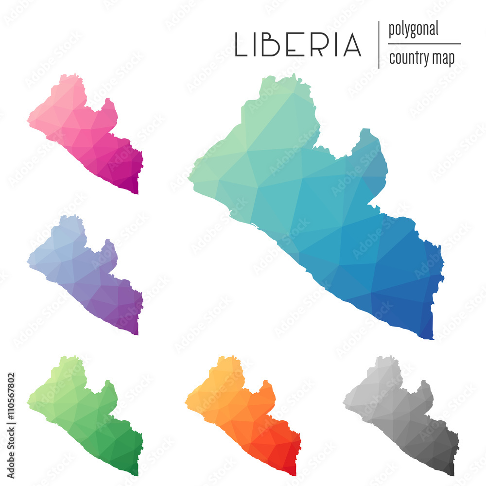 Poster set of vector polygonal liberia maps. bright gradient map of country in low poly style. multicolored