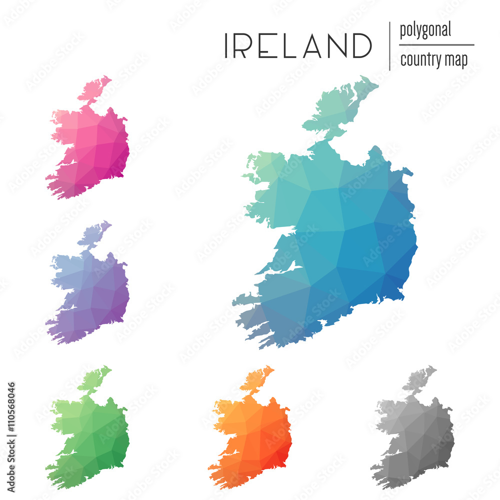 Poster set of vector polygonal ireland maps. bright gradient map of the country in low poly style. multicol