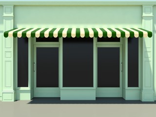 Green modern shopfront in the sun - 3d render classic store front with green awnings