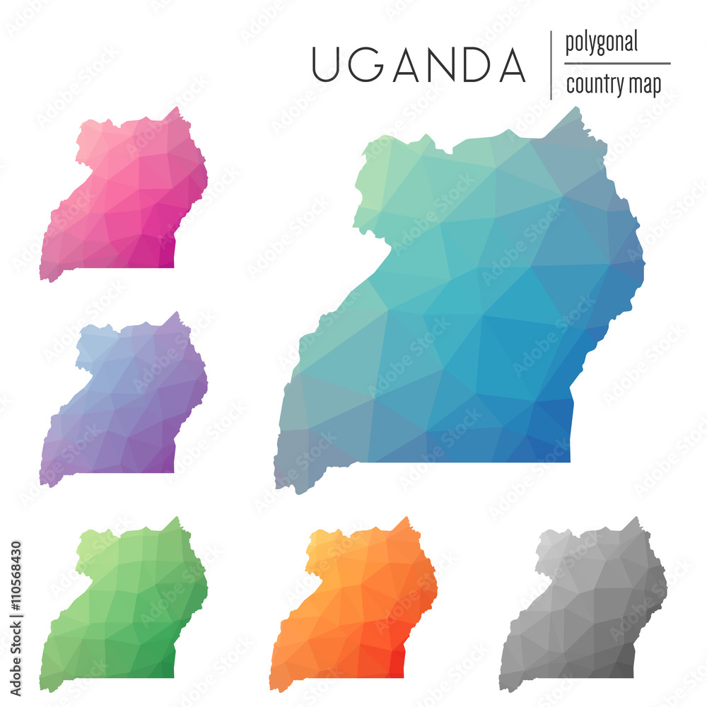 Poster set of vector polygonal uganda maps. bright gradient map of country in low poly style. multicolored 