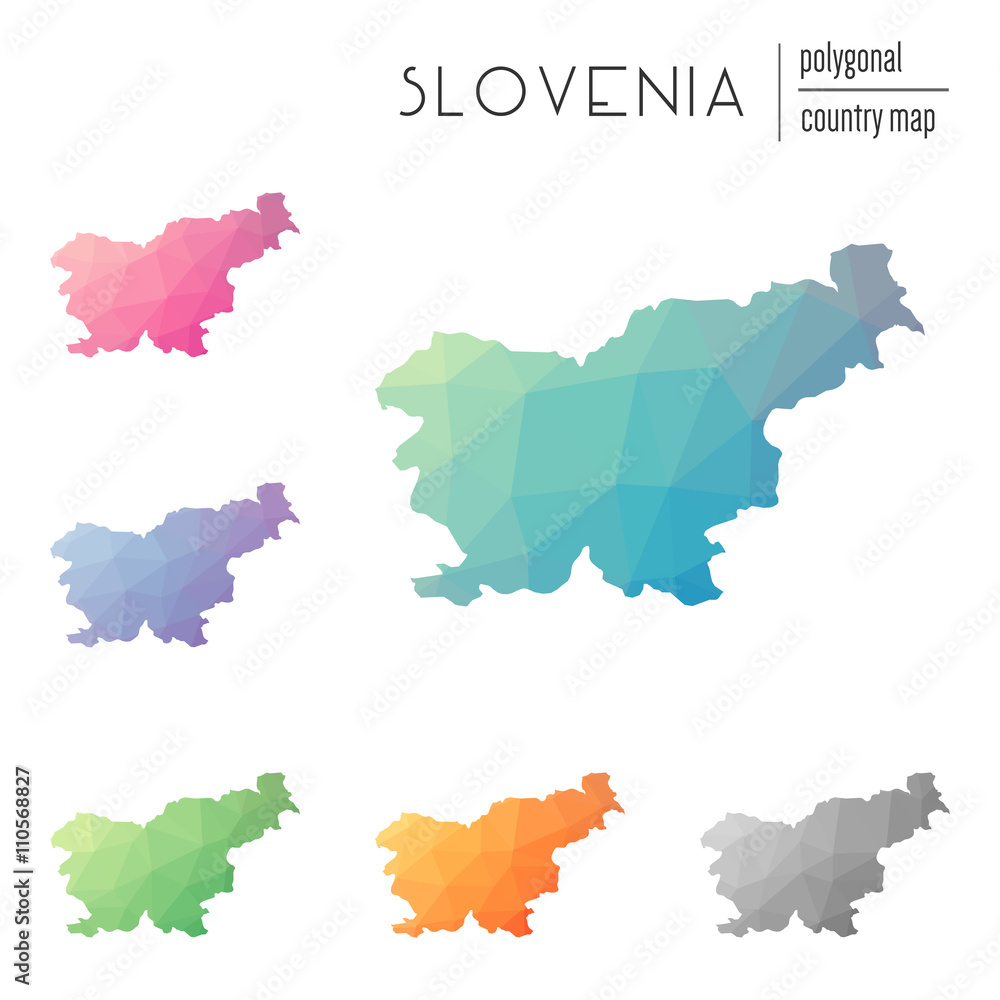 Poster set of vector polygonal slovenia maps. bright gradient map of country in low poly style. multicolore