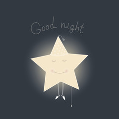 Vector card illustration with sleeping star.  Wishes of good night.