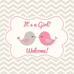 Girl baby shower with two cute birds, illustration