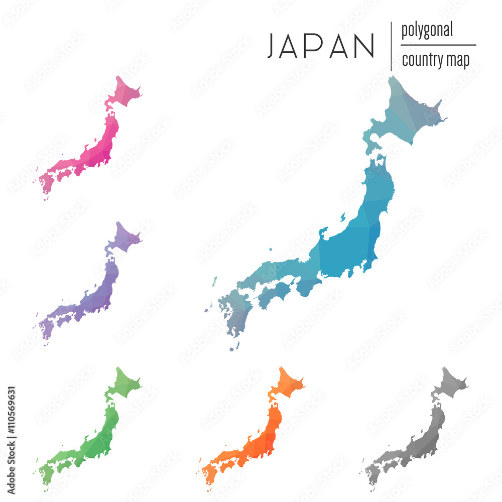 Poster set of vector polygonal japan maps. bright gradient map of the country in low poly style. multicolor