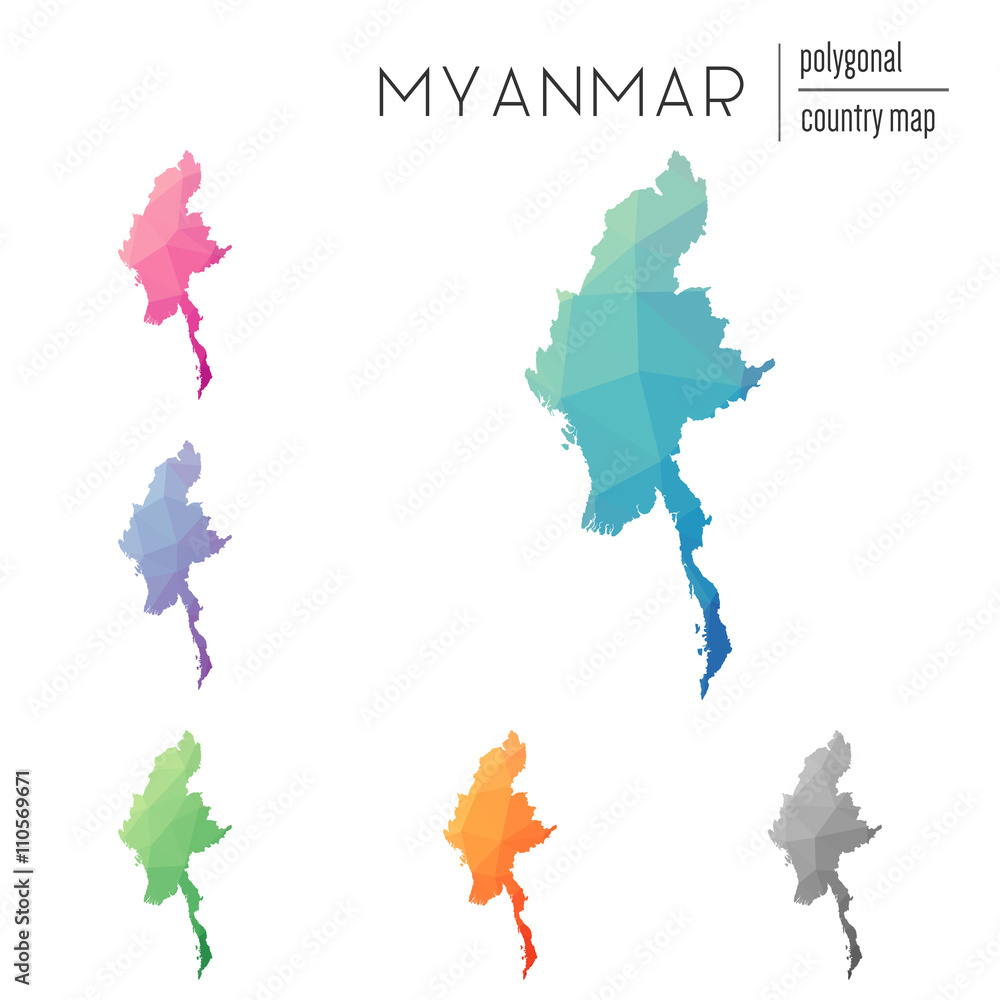 Poster set of vector polygonal myanmar maps. bright gradient map of the country in low poly style. multicol