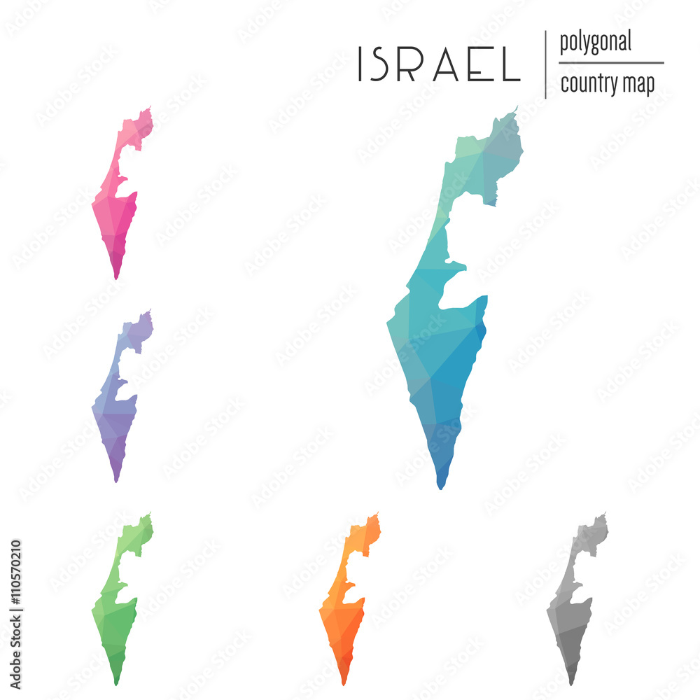 Poster set of vector polygonal israel maps. bright gradient map of country in low poly style. multicolored 