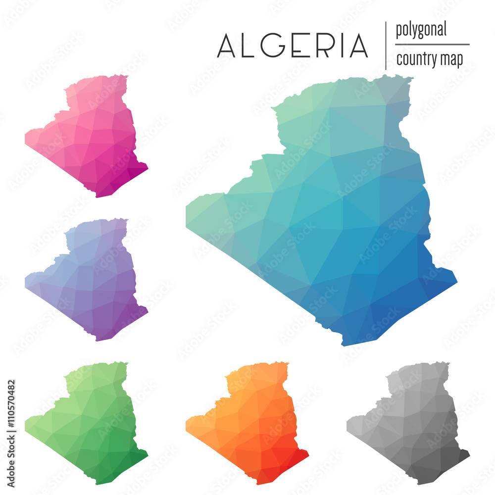 Poster a set of vector polygonal maps of algeria in a bright gradient and low poly style. ideal for infogra