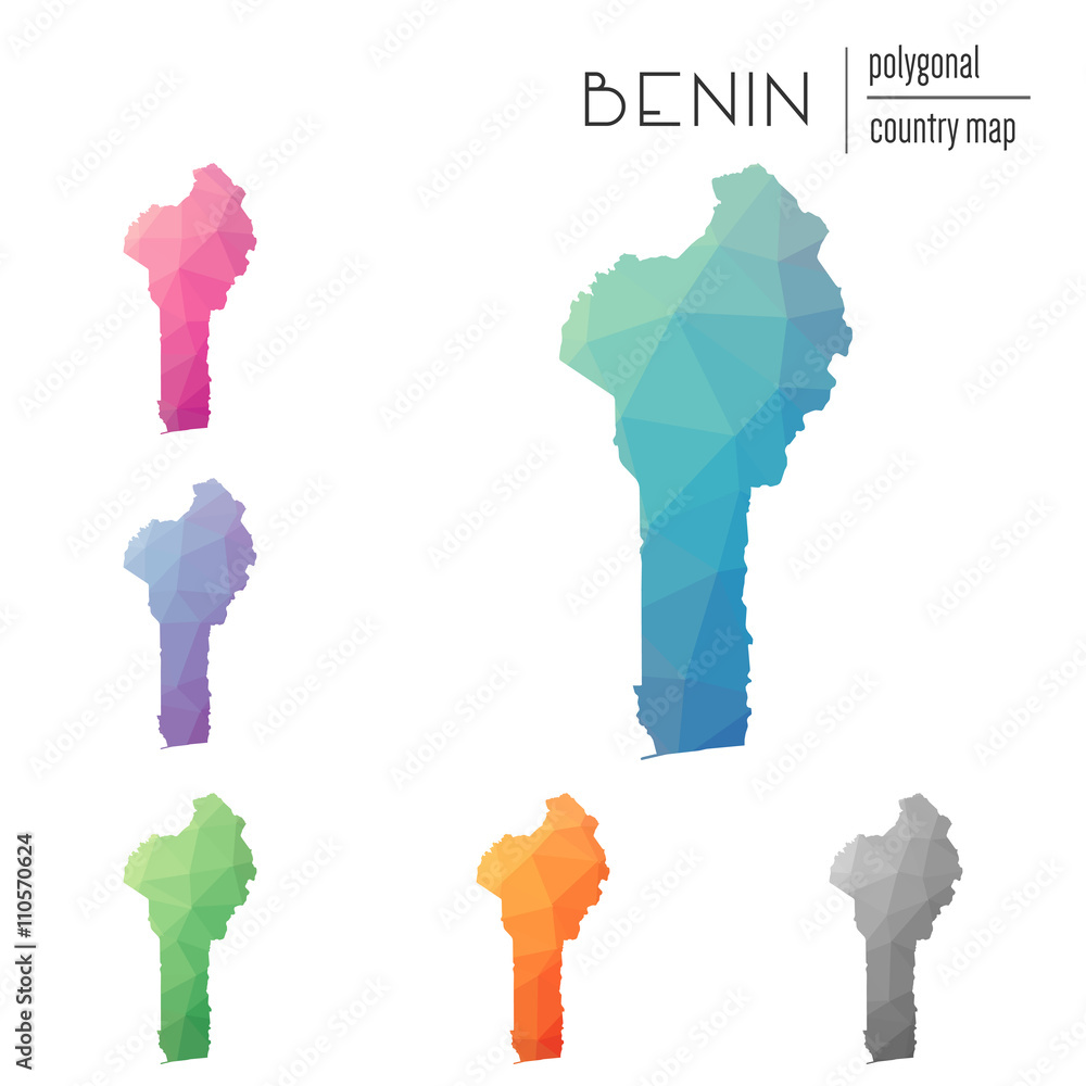 Poster set of vector polygonal benin maps. bright gradient map of the country in a low poly style. multicol