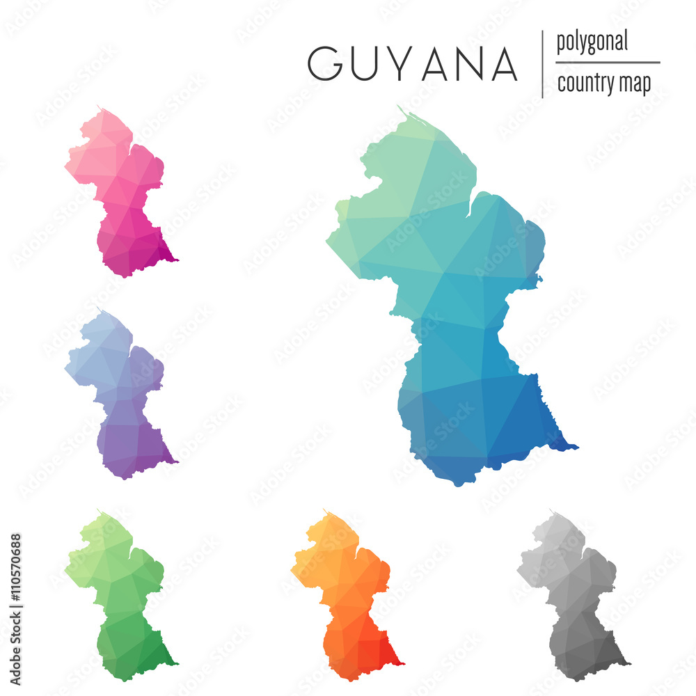 Poster set of vector polygonal guyana maps. bright gradient map of country in low poly style. multicolored 