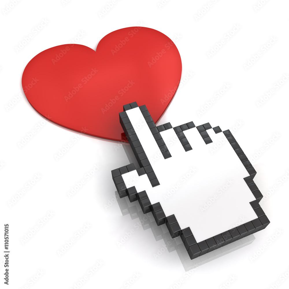 Aufkleber Hand cursor clicking love button or link isolated on white background with shadow and reflection. 3D rendering.