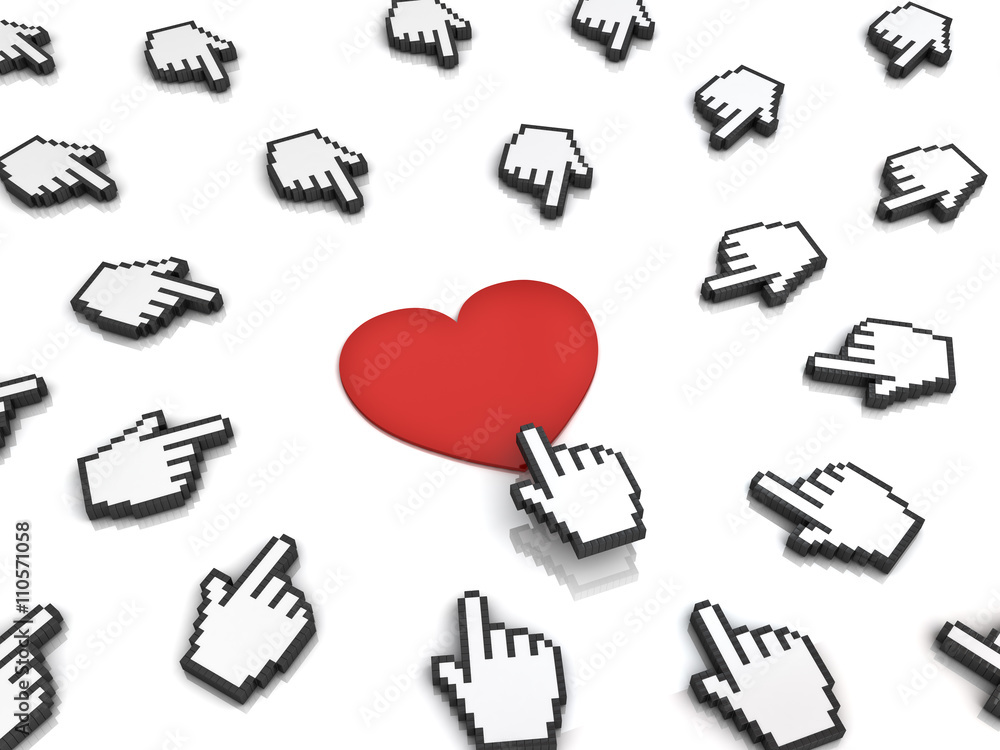 Aufkleber Many hand cursors mouse clicking red heart button or link isolated on white background.3D rendering.