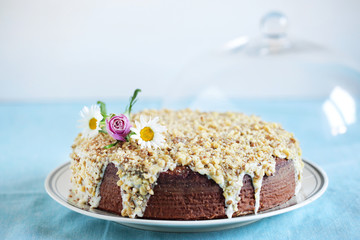 Hazelnut and nougat cake with white chocolate ganache