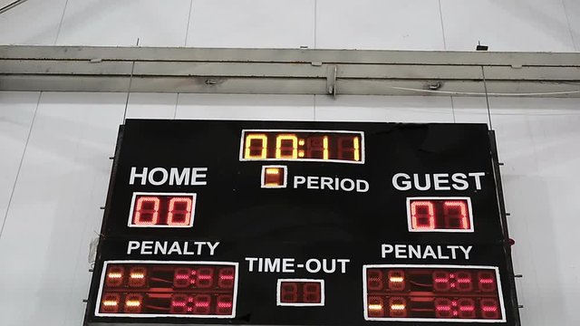 Game results displayed on scoreboard, final countdown, guest team wins match