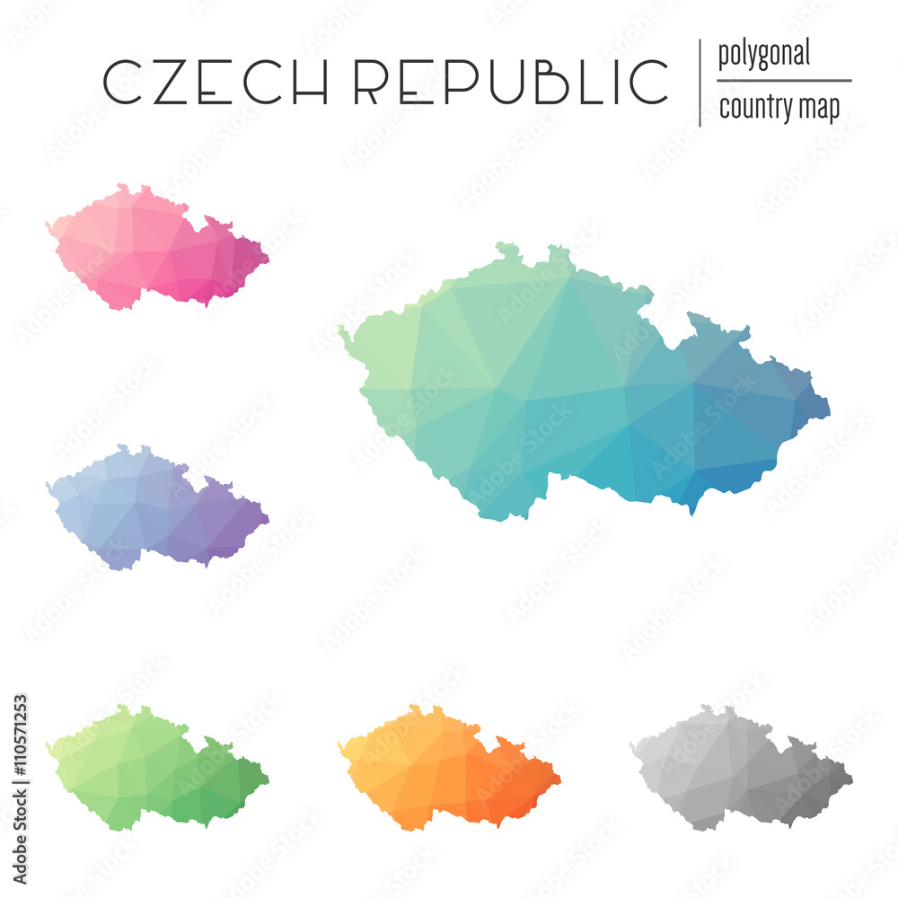 Poster set of vector polygonal czech republic maps. bright gradient map of country in low poly style. multi