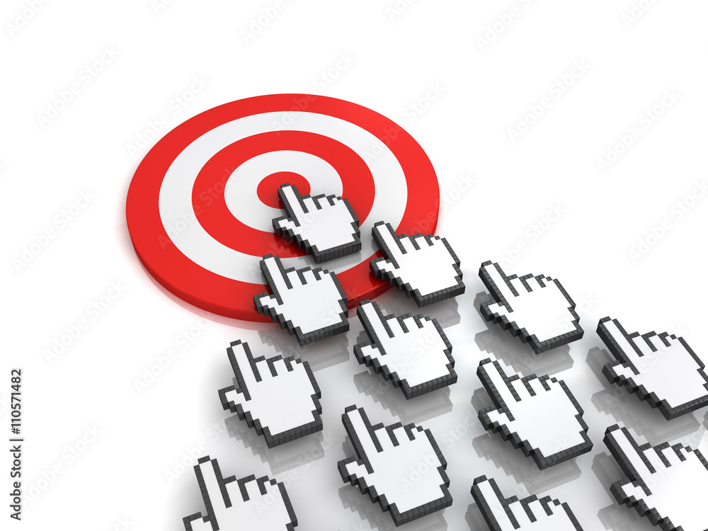 Aufkleber Goal target concept many hand cursors mouse clicking in the center of the red dart board or target on white background with reflection. 3D rendering.